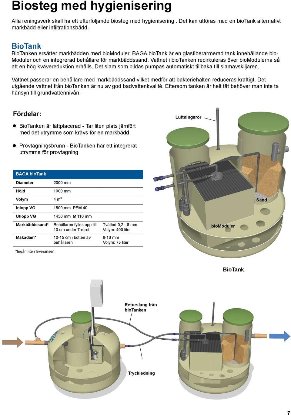 Vattnet i biotanken recirkuleras över biomodulerna så att en hög kvävereduktion erhålls. Det slam som bildas pumpas automatiskt tillbaka till slamavskiljaren.
