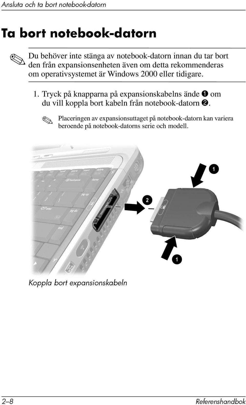 Tryck på knapparna på expansionskabelns ände 1 om du vill koppla bort kabeln från notebook-datorn 2.