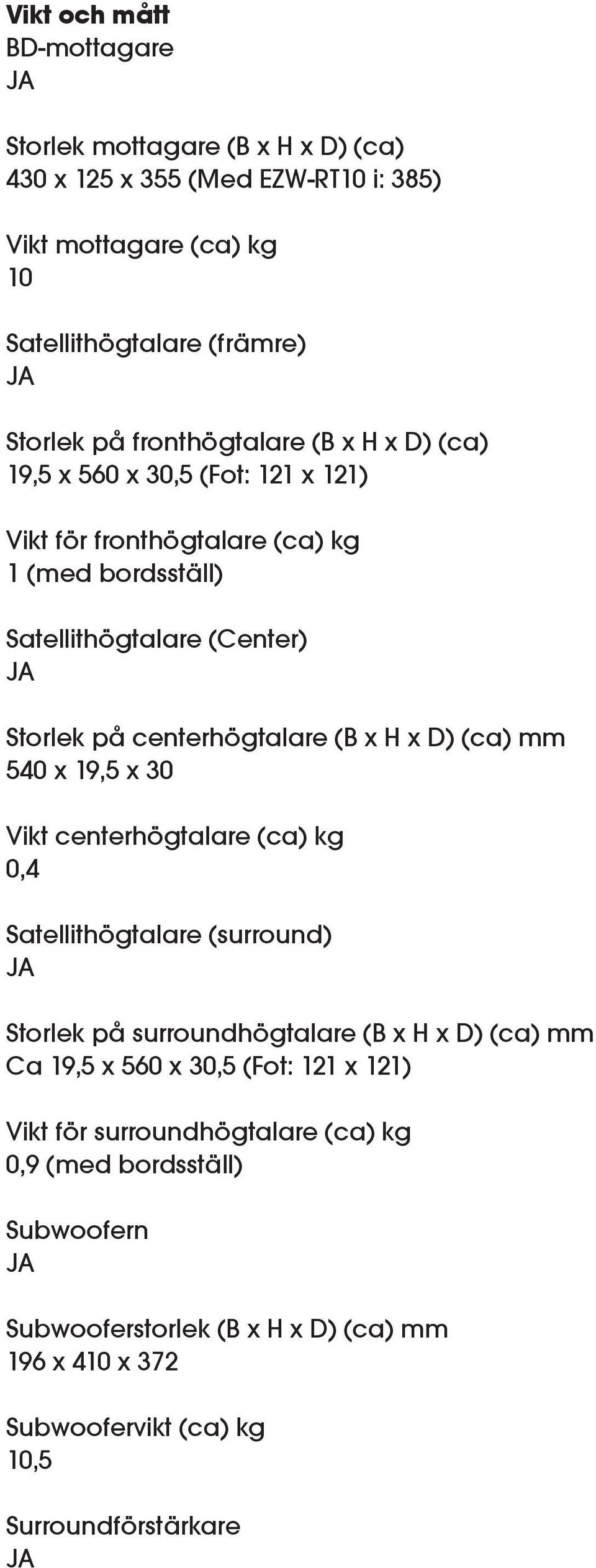 (B x H x D) (ca) mm 540 x 19,5 x 30 Vikt centerhögtalare (ca) kg 0,4 Satellithögtalare (surround) Storlek på surroundhögtalare (B x H x D) (ca) mm Ca 19,5 x 560 x 30,5