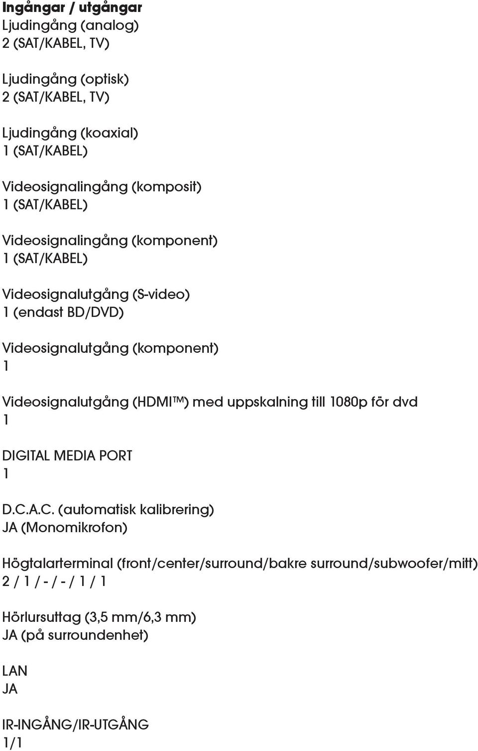 Videosignalutgång (HDMI ) med uppskalning till 1080p för dvd 1 DIGITAL MEDIA PORT 1 D.C.