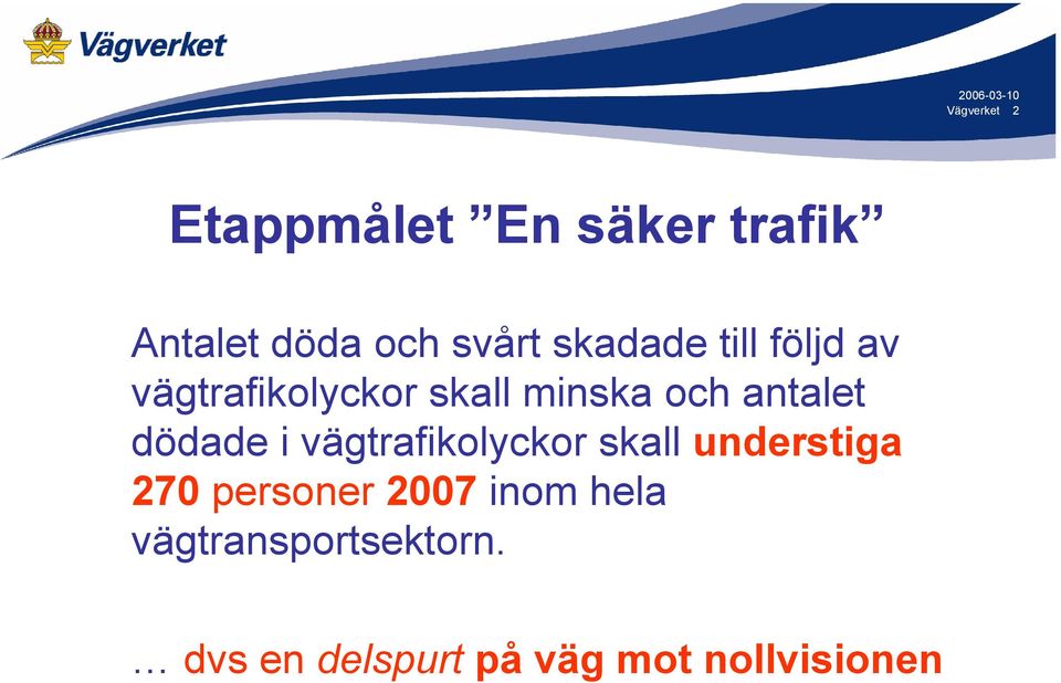 dödade i vägtrafikolyckor skall understiga 270 personer 2007