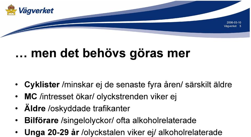 viker ej Äldre /oskyddade trafikanter Bilförare /singelolyckor/