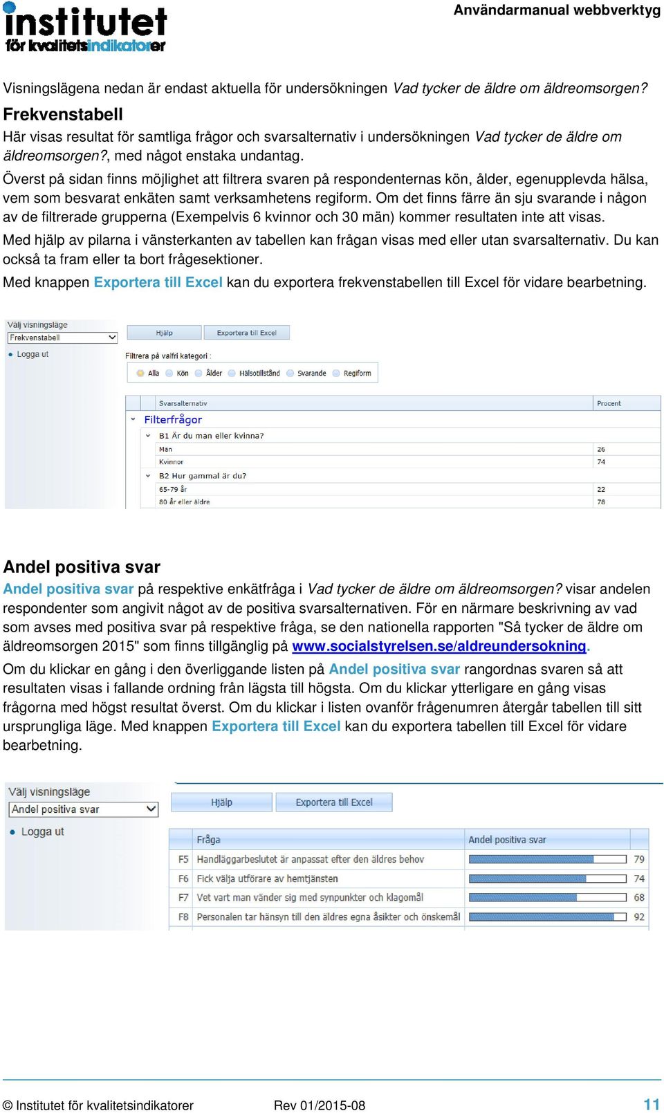 Överst på sidan finns möjlighet att filtrera svaren på respondenternas kön, ålder, egenupplevda hälsa, vem som besvarat enkäten samt verksamhetens regiform.