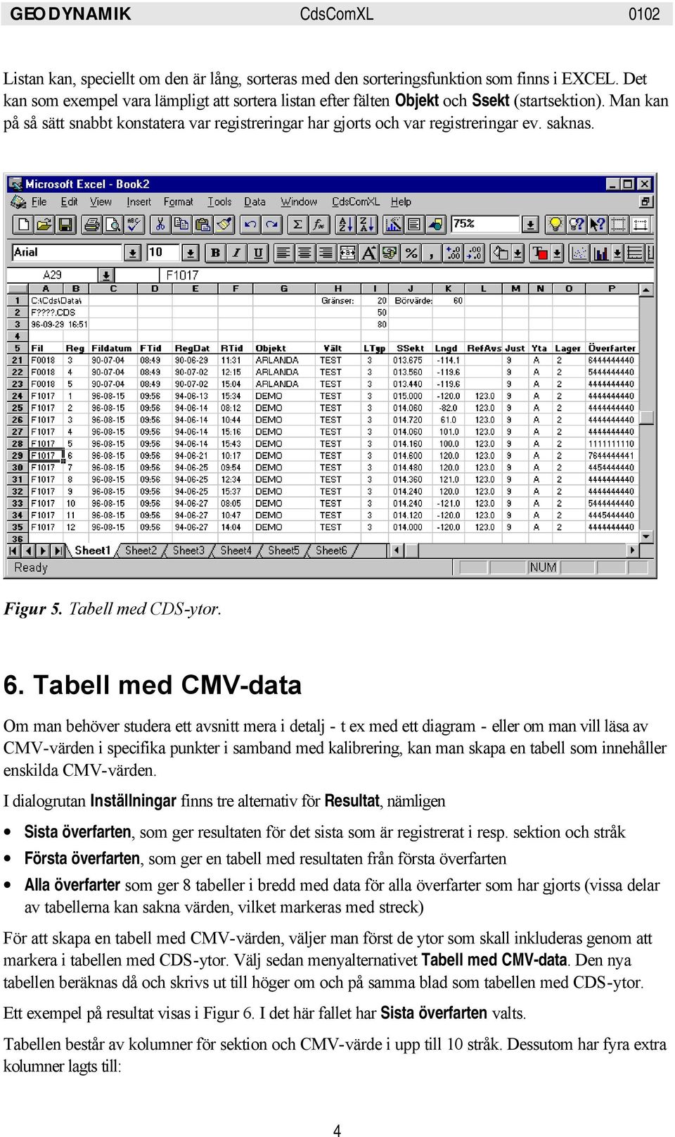 Tabell med CMV-data Om man behöver studera ett avsnitt mera i detalj - t ex med ett diagram - eller om man vill läsa av CMV-värden i specifika punkter i samband med kalibrering, kan man skapa en