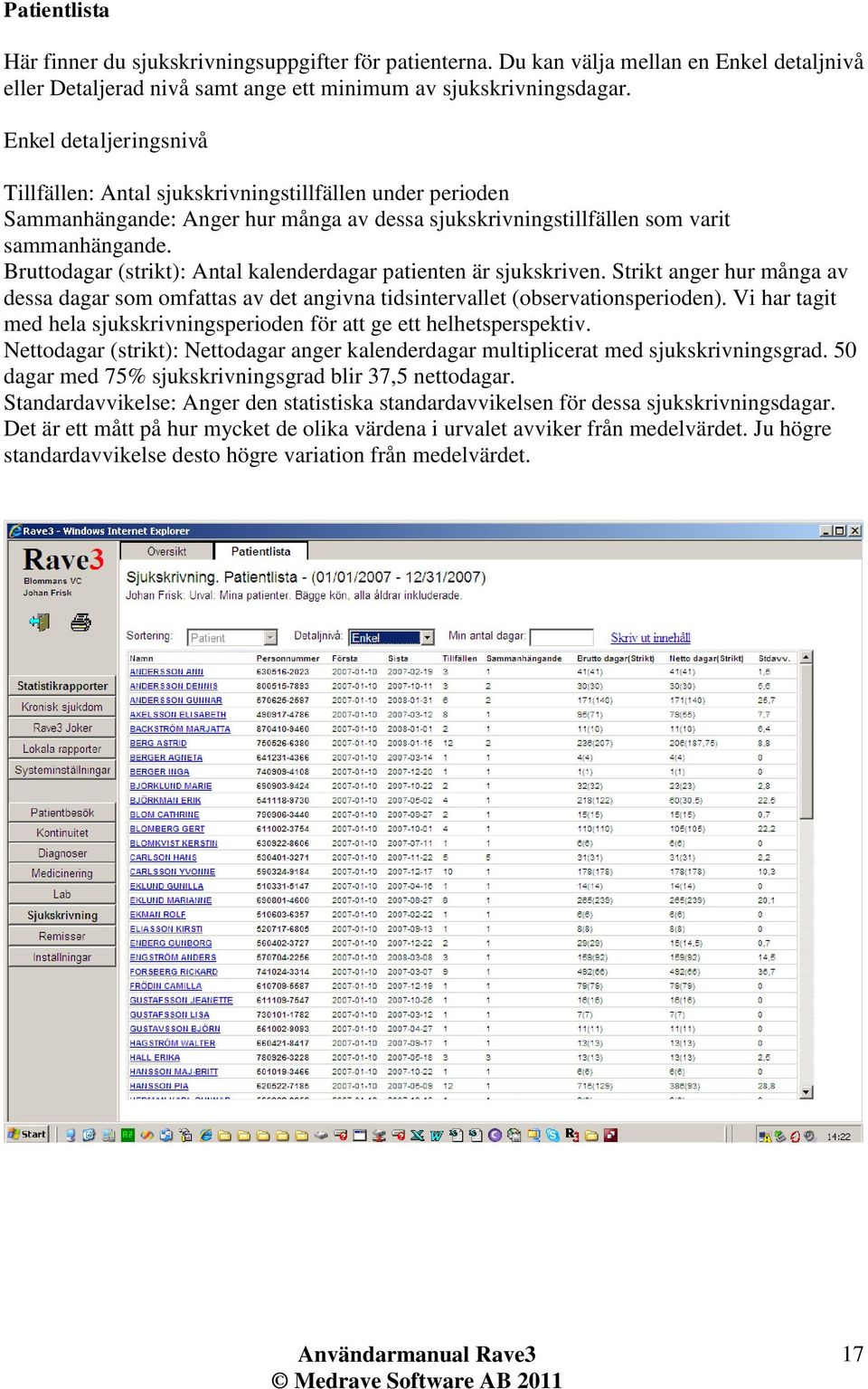 Bruttodagar (strikt): Antal kalenderdagar patienten är sjukskriven. Strikt anger hur många av dessa dagar som omfattas av det angivna tidsintervallet (observationsperioden).