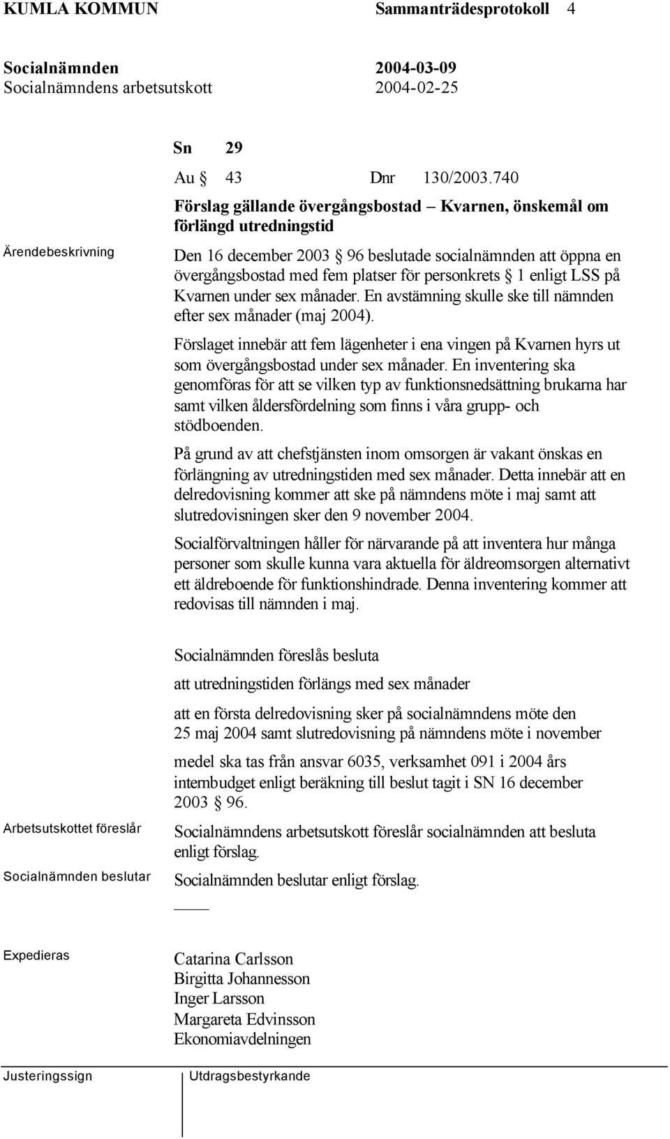 LSS på Kvarnen under sex månader. En avstämning skulle ske till nämnden efter sex månader (maj 2004).