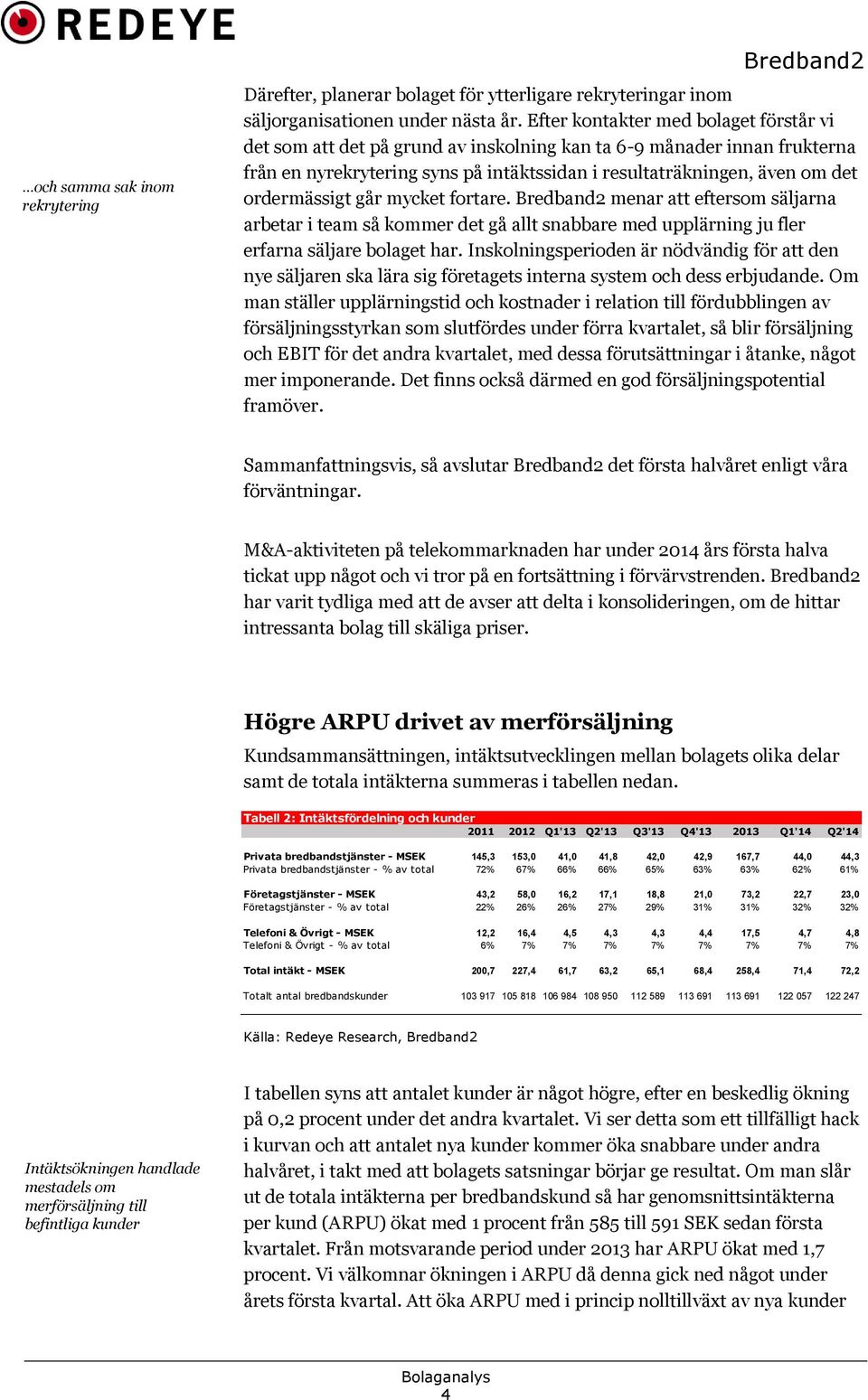 ordermässigt går mycket fortare. Bredband2 menar att eftersom säljarna arbetar i team så kommer det gå allt snabbare med upplärning ju fler erfarna säljare bolaget har.