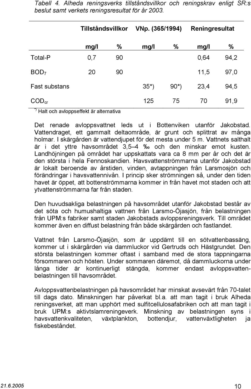 renade avloppsvattnet leds ut i Bottenviken utanför Jakobstad. Vattendraget, ett gammalt deltaområde, är grunt och splittrat av många holmar. I skärgården är vattendjupet för det mesta under 5 m.