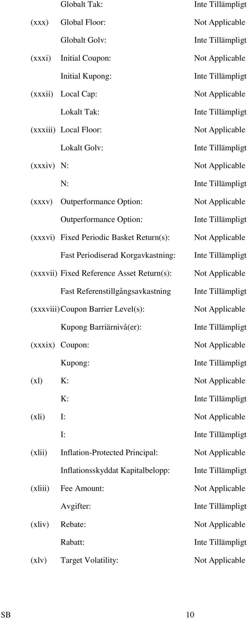 Asset Return(s): Fast Referenstillgångsavkastning (xxxviii) Coupon Barrier Level(s): Kupong Barriärnivå(er): (xxxix) Coupon: Kupong: Not Applicable Not Applicable Not Applicable Not Applicable Not