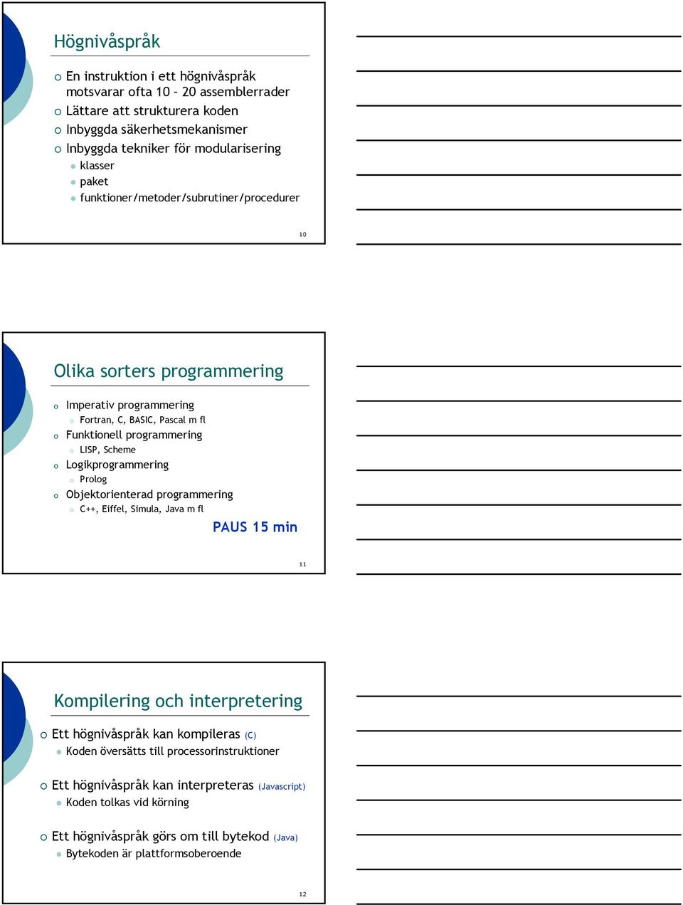 Scheme Logikprogrammering o Prolog Objektorienterad programmering o C++, Eiffel, Simula, Java m fl PAUS 15 min 11 Kompilering och interpretering Ett högnivåspråk kan kompileras (C)