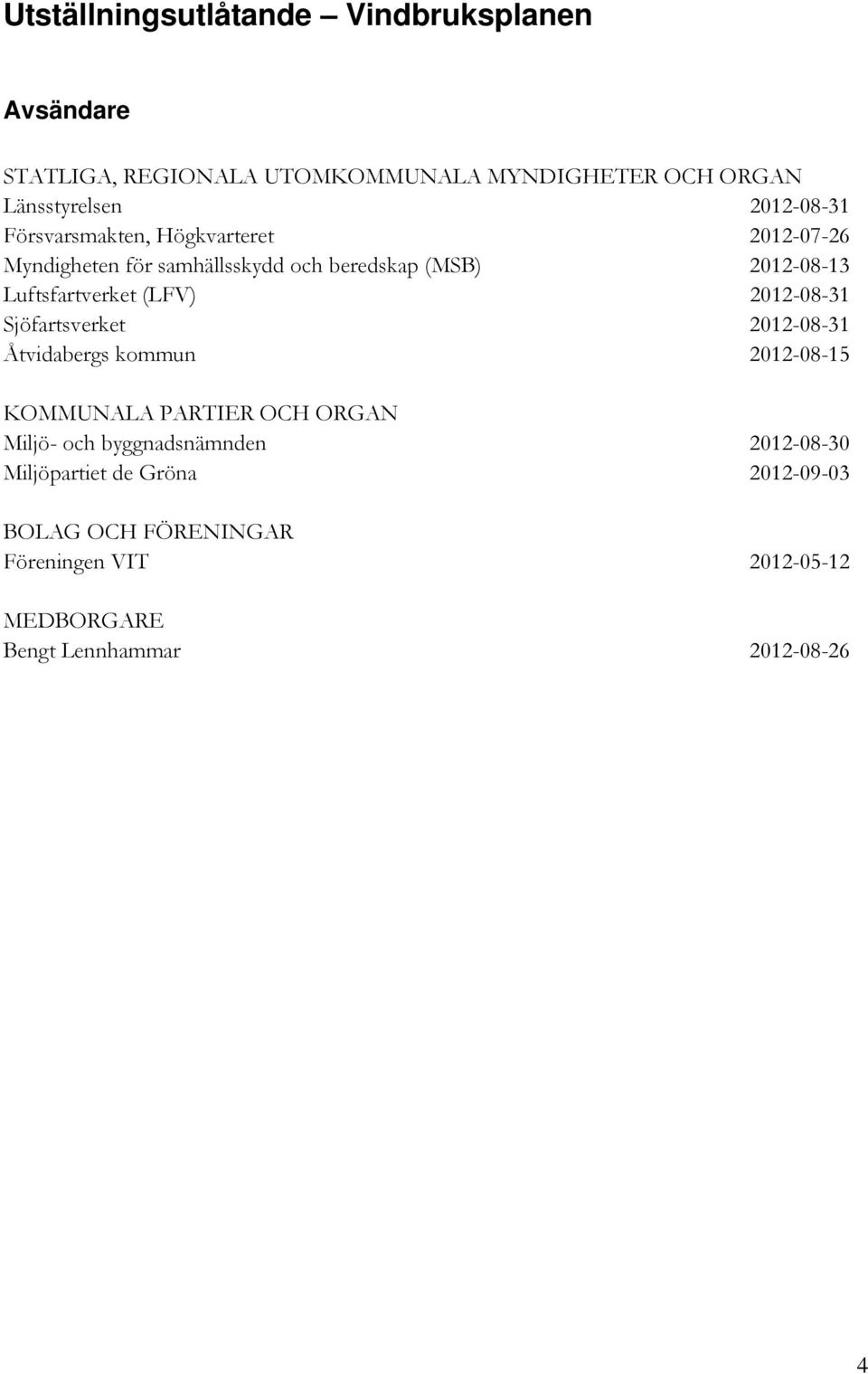 Luftsfartverket (LFV) 2012-08-31 Sjöfartsverket 2012-08-31 Åtvidabergs kommun 2012-08-15 KOMMUNALA PARTIER OCH ORGAN Miljö-