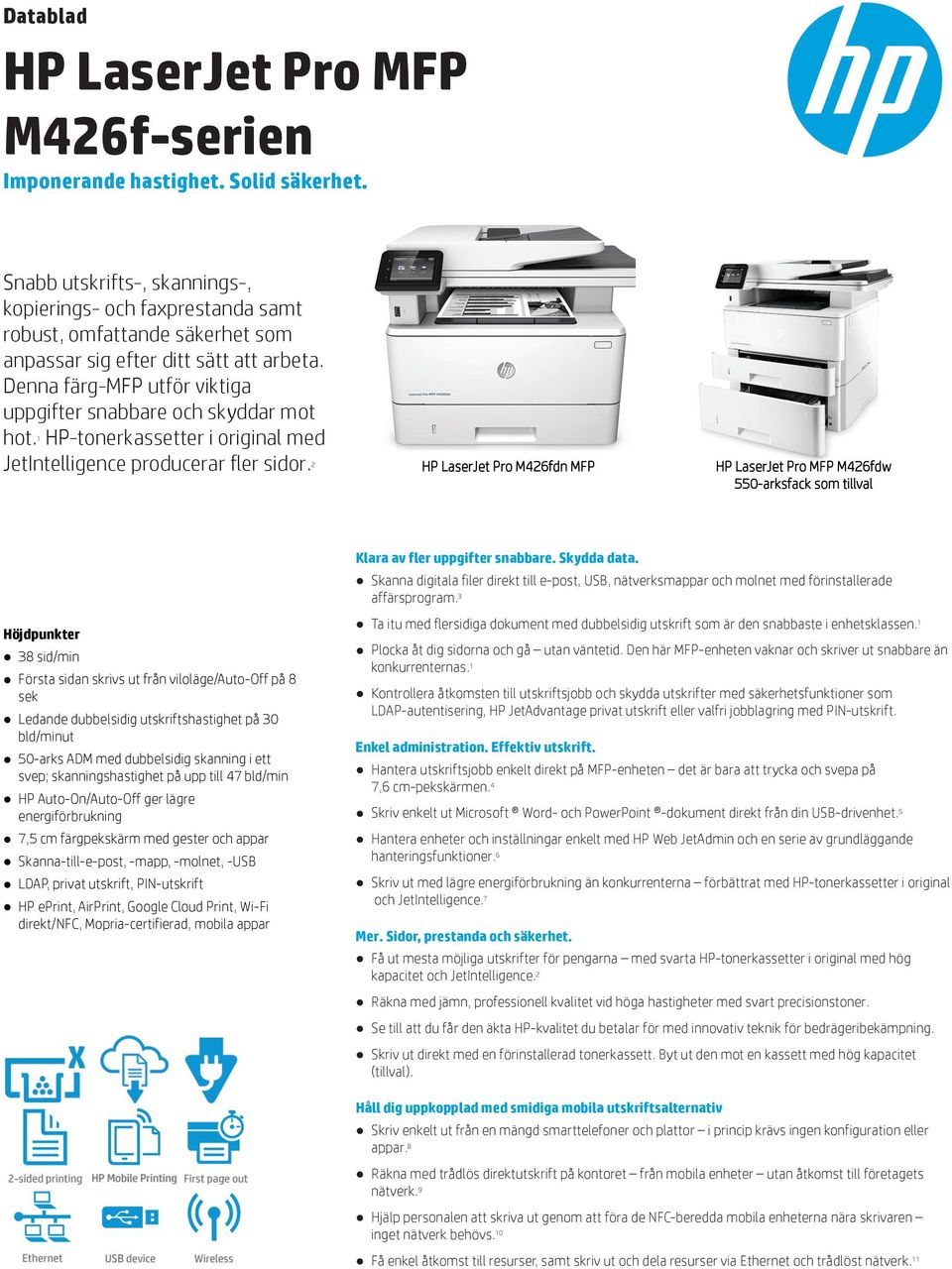 Denna färg-mfp utför viktiga uppgifter snabbare och skyddar mot hot. HP-tonerkassetter i original med 1 JetIntelligence producerar fler sidor.