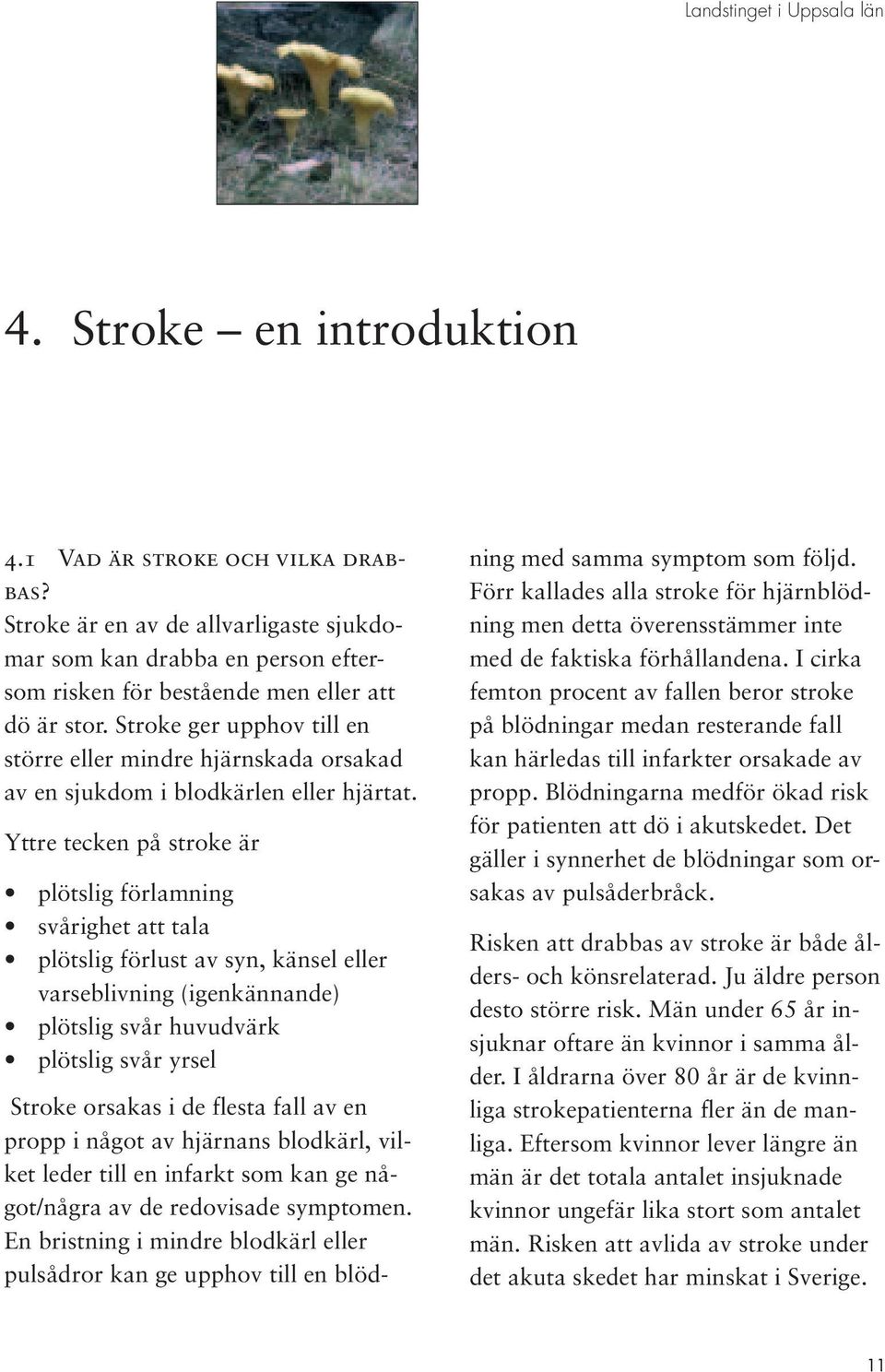 Yttre tecken på stroke är plötslig förlamning svårighet att tala plötslig förlust av syn, känsel eller varseblivning (igenkännande) plötslig svår huvudvärk plötslig svår yrsel Stroke orsakas i de