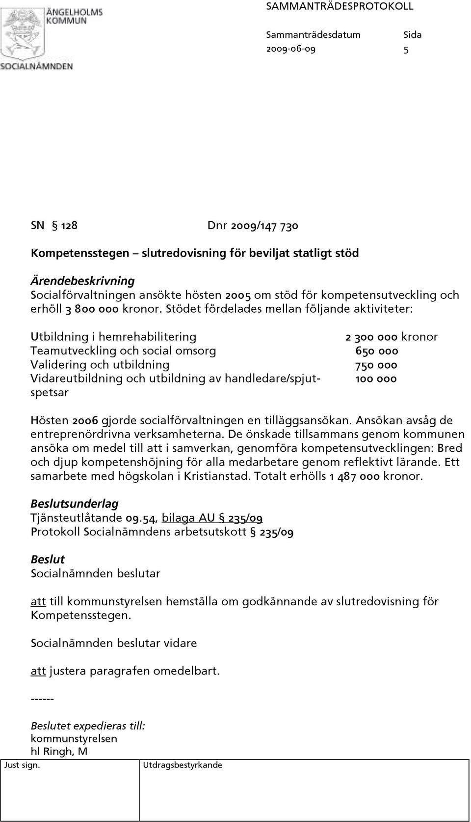 Stödet fördelades mellan följande aktiviteter: Utbildning i hemrehabilitering 2 300 000 kronor Teamutveckling och social omsorg 650 000 Validering och utbildning 750 000 Vidareutbildning och