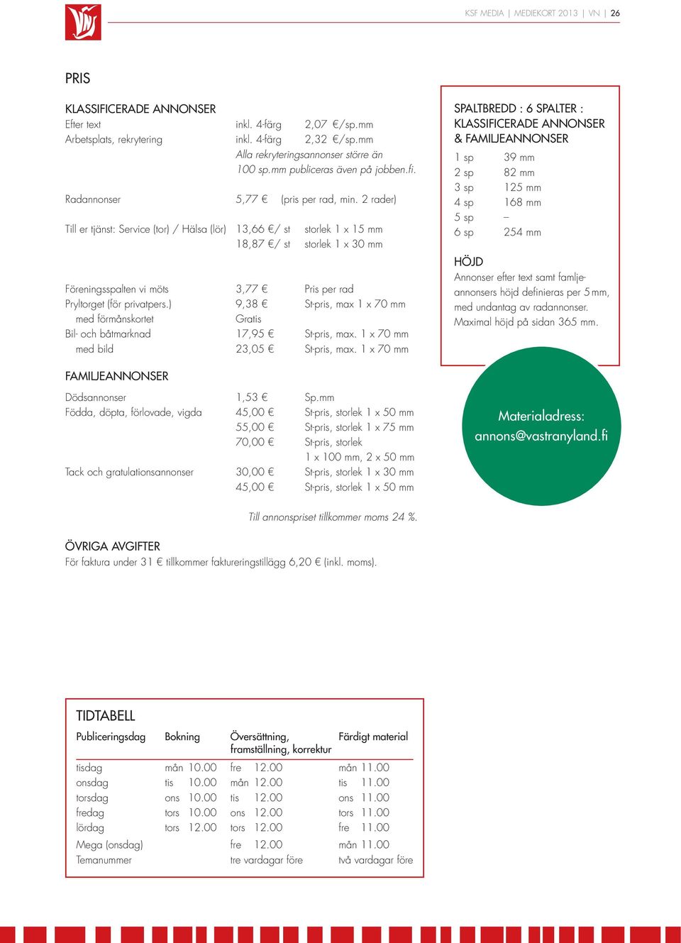 2 rader) Till er tjänst: Service (tor) / Hälsa (lör) 13,66 / st storlek 1 x 15 mm 18,87 / st storlek 1 x 30 mm Föreningsspalten vi möts 3,77 Pris per rad Pryltorget (för privatpers.