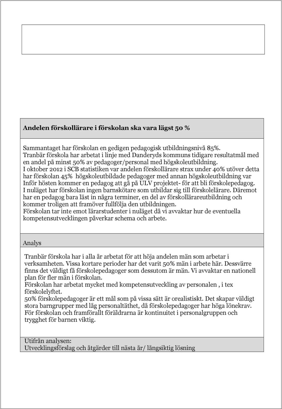 I oktober 2012 i SCB statistiken var andelen förskollärare strax under 40% utöver detta har förskolan 45% högskoleutbildade pedagoger med annan högskoleutbildning var Inför hösten kommer en pedagog