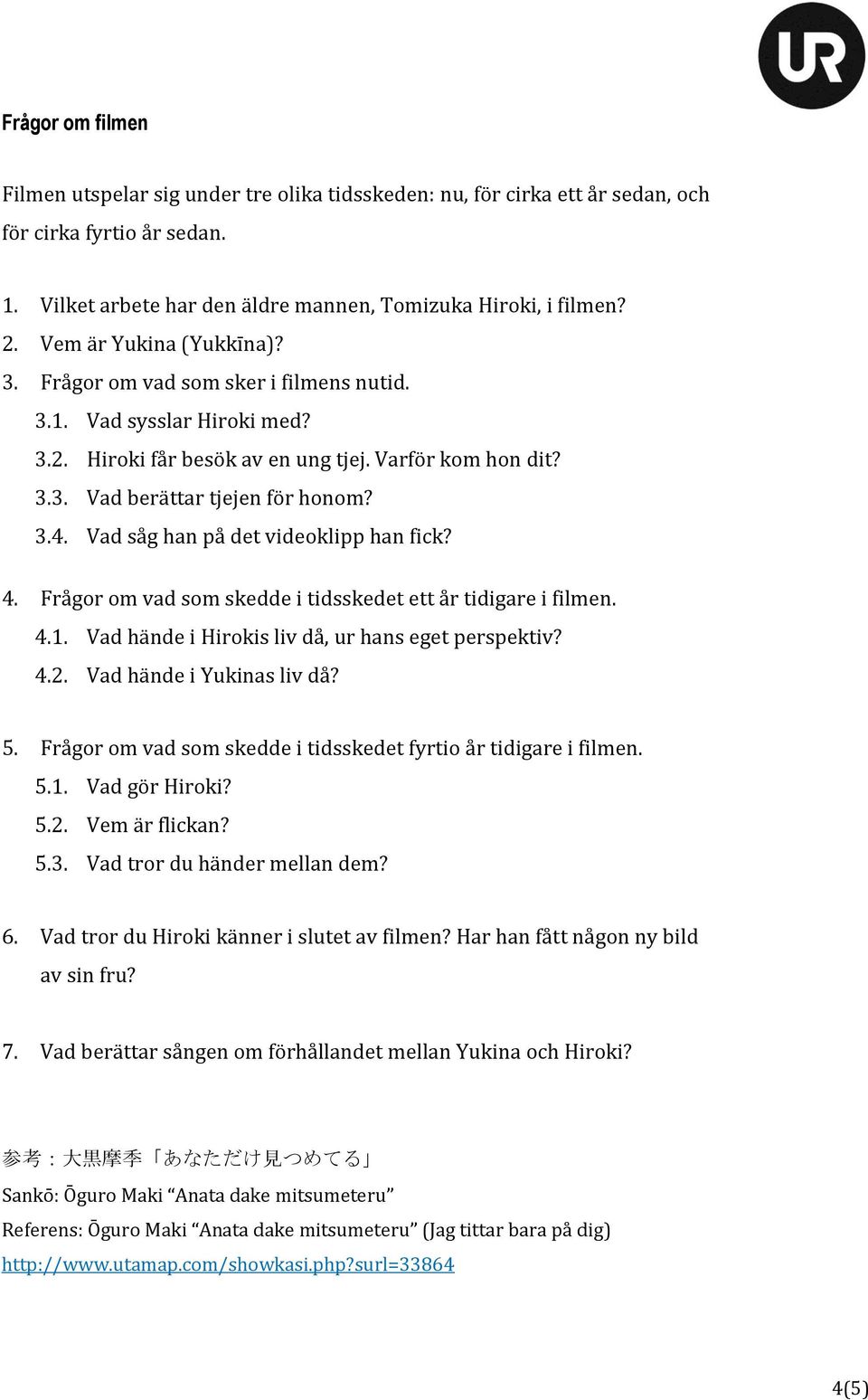 Vad såg han på det videoklipp han fick? 4. Frågor om vad som skedde i tidsskedet ett år tidigare i filmen. 4.1. Vad hände i Hirokis liv då, ur hans eget perspektiv? 4.2. Vad hände i Yukinas liv då? 5.