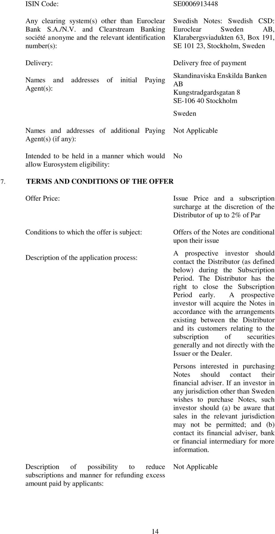 any): Intended to be held in a manner which would allow Eurosystem eligibility: SE0006913448 Swedish Notes: Swedish CSD: Euroclear Sweden AB, Klarabergsviadukten 63, Box 191, SE 101 23, Stockholm,