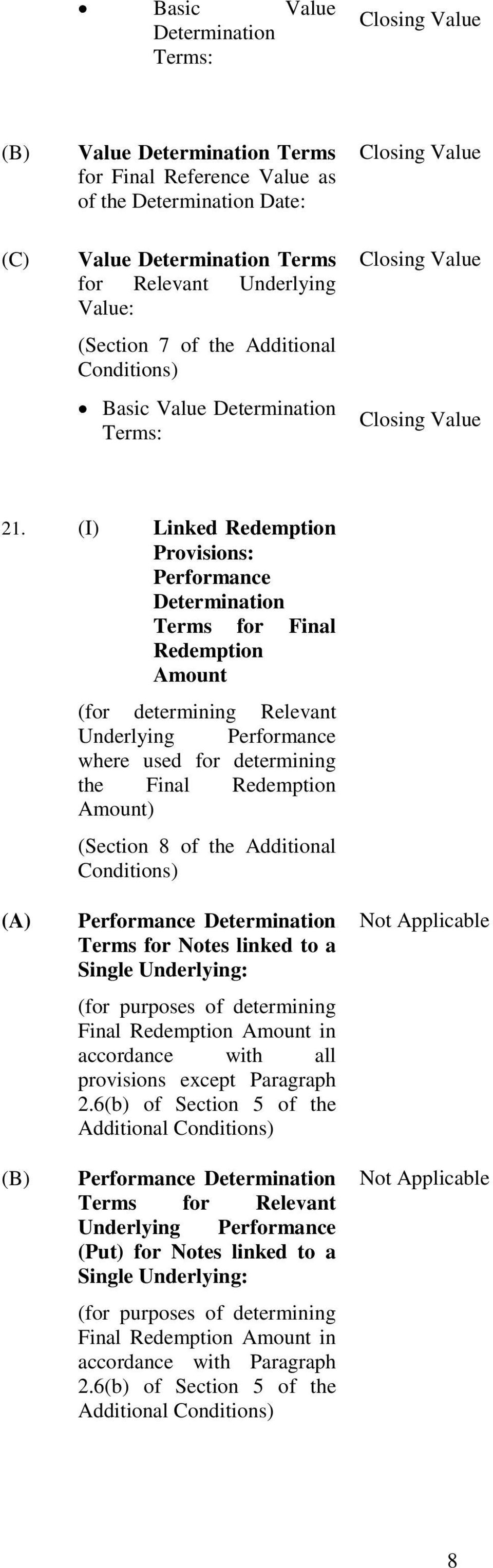 (I) Linked Redemption Provisions: Performance Determination Terms for Final Redemption Amount (for determining Relevant Underlying Performance where used for determining the Final Redemption Amount)