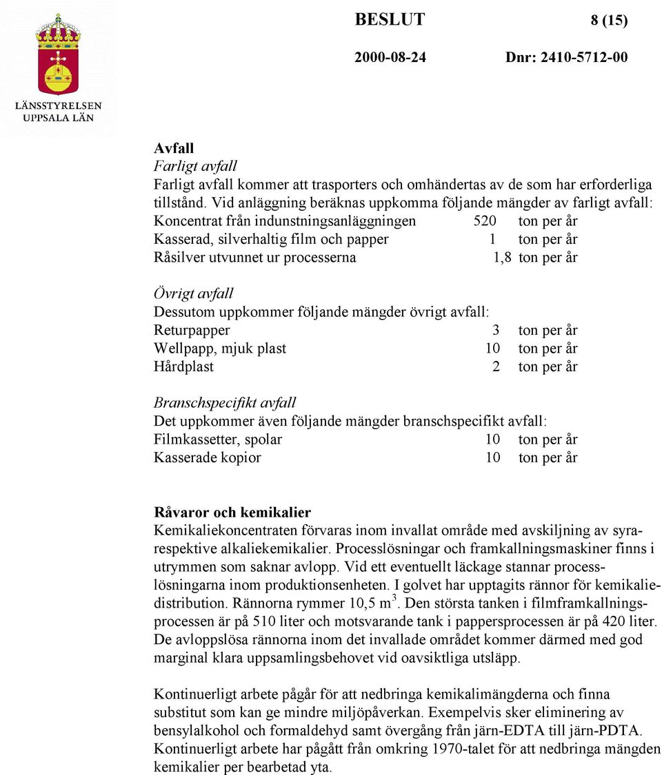 processerna 1,8 ton per år Övrigt avfall Dessutom uppkommer följande mängder övrigt avfall: Returpapper 3 ton per år Wellpapp, mjuk plast 10 ton per år Hårdplast 2 ton per år Branschspecifikt avfall