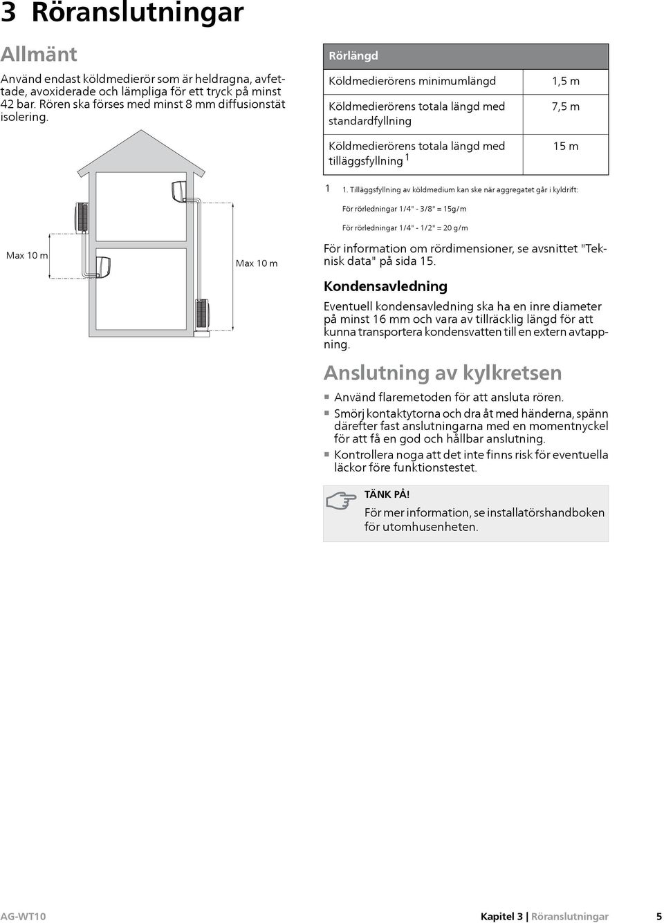 Tilläggsfyllning av köldmedium kan ske när aggregatet går i kyldrift: För rörledningar 1/4" - 3/8" = 15g/m För rörledningar 1/4" - 1/2" = 20 g/m För information om rördimensioner, se avsnittet