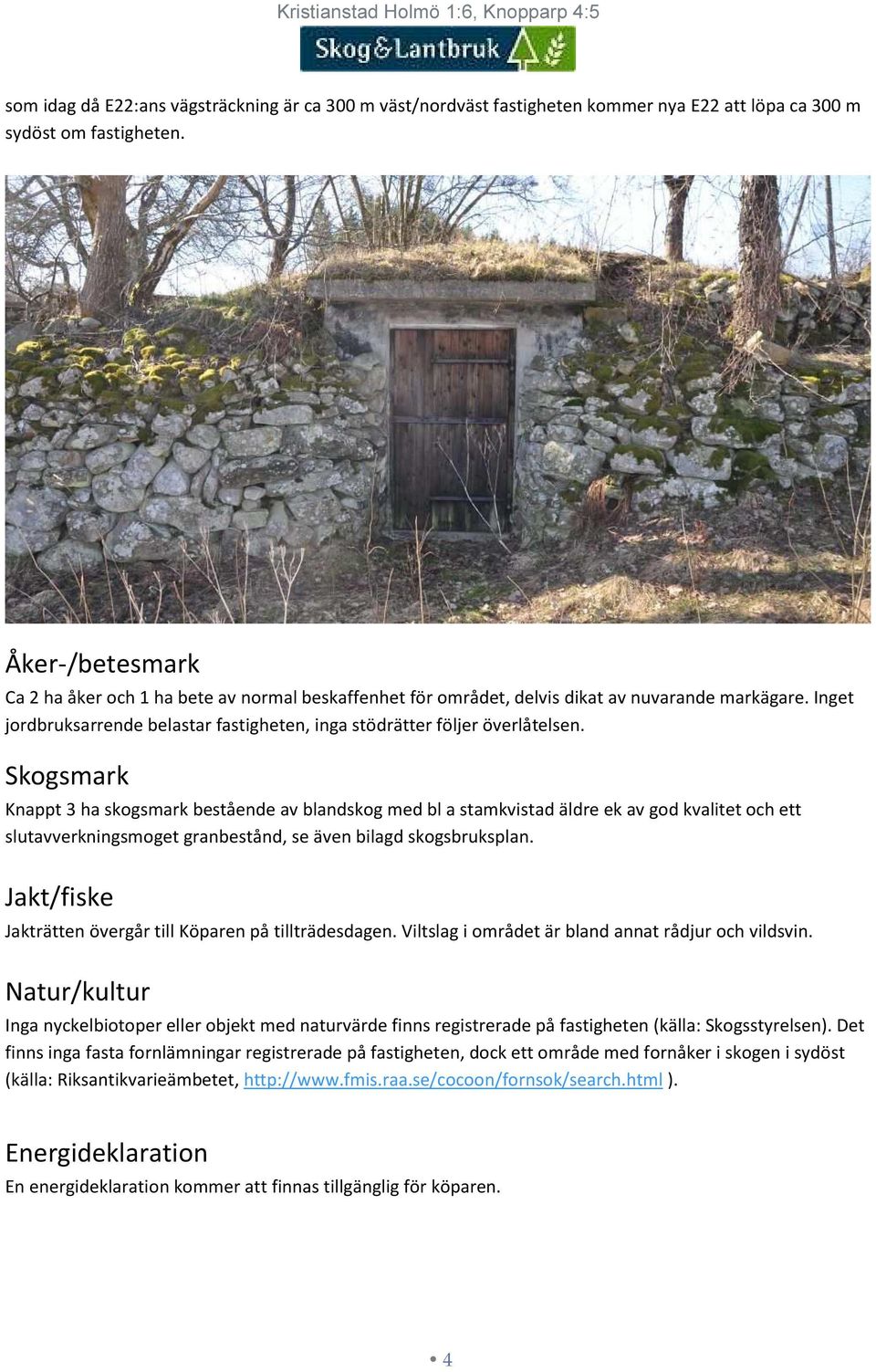 Skogsmark Knappt 3 ha skogsmark bestående av blandskog med bl a stamkvistad äldre ek av god kvalitet och ett slutavverkningsmoget granbestånd, se även bilagd skogsbruksplan.