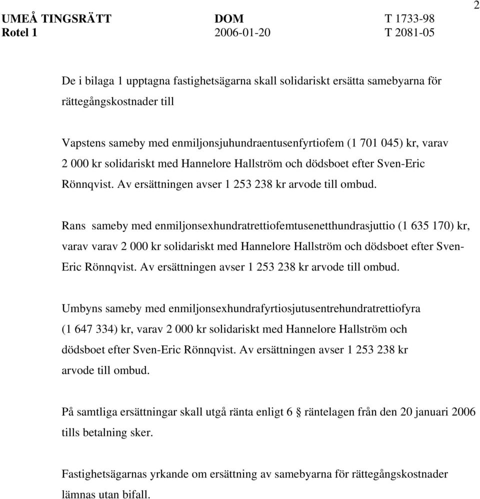 Rans sameby med enmiljonsexhundratrettiofemtusenetthundrasjuttio (1 635 170) kr, varav varav 2 000 kr solidariskt med Hannelore Hallström och dödsboet efter Sven- Eric Rönnqvist.