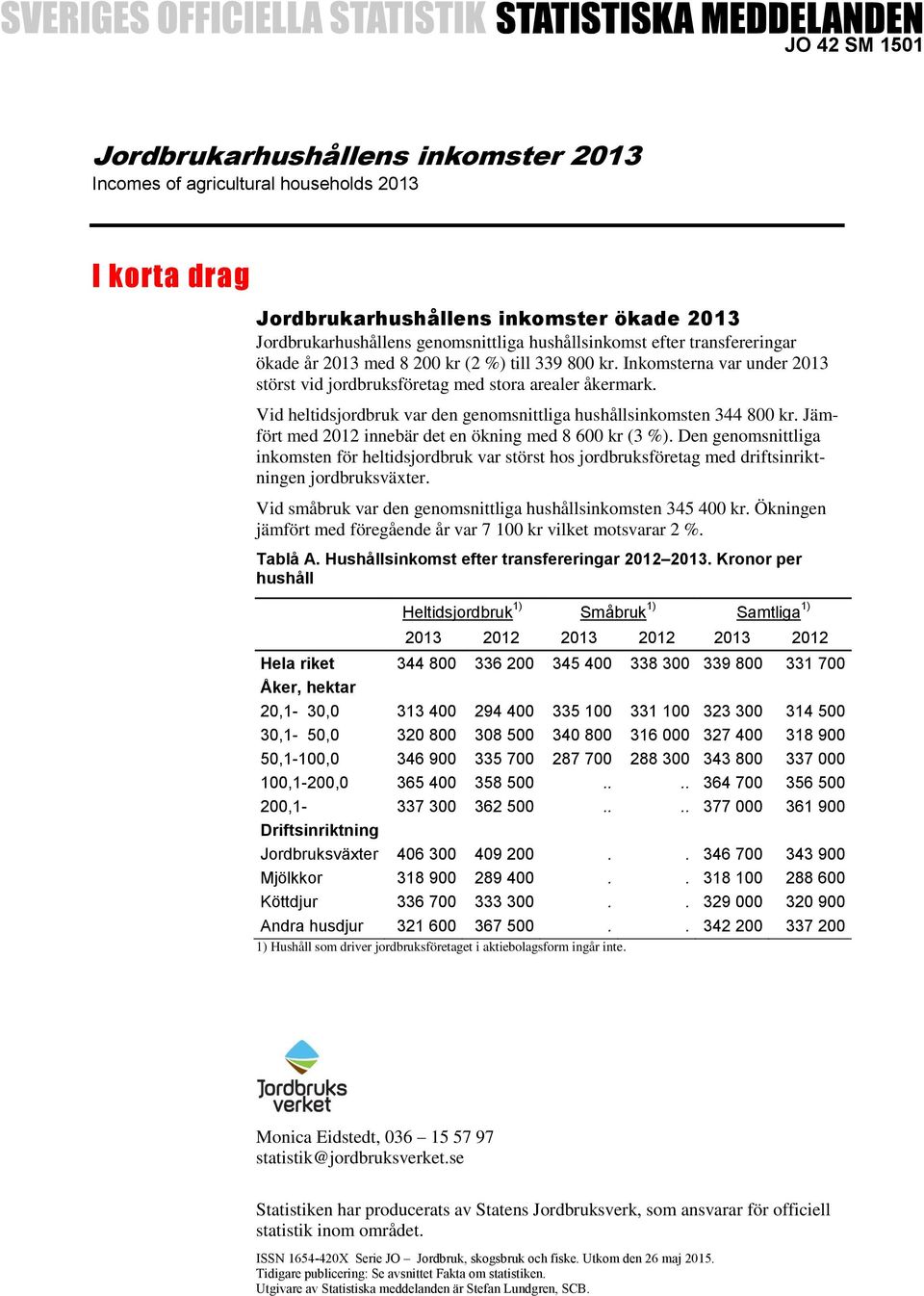 Vid heltidsjordbruk var den genomsnittliga hushållsinkomsten 344 800 kr. Jämfört med 2012 innebär det en ökning med 8 600 kr (3 %).