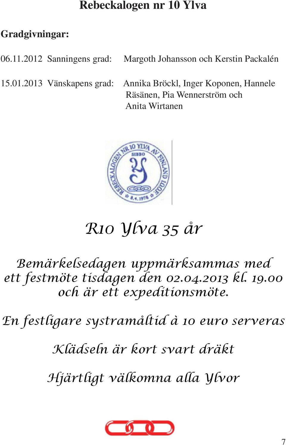 2013 Vänskapens grad: Annika Bröckl, Inger Koponen, Hannele Räsänen, Pia Wennerström och Anita Wirtanen R10