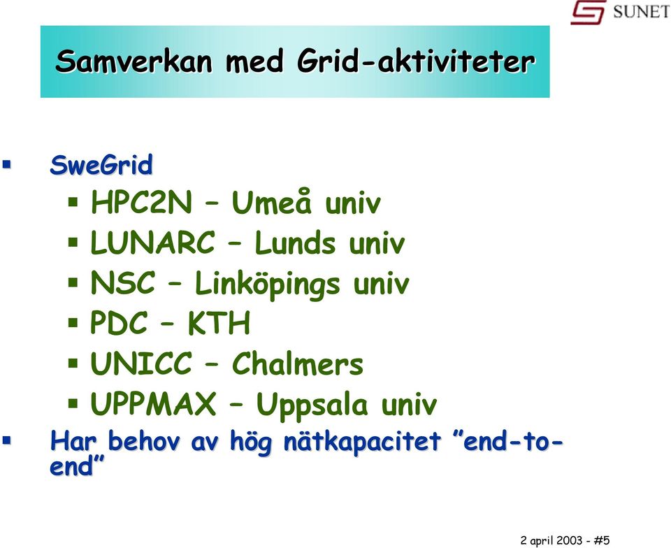 KTH UNICC Chalmers UPPMAX Uppsala univ Har behov