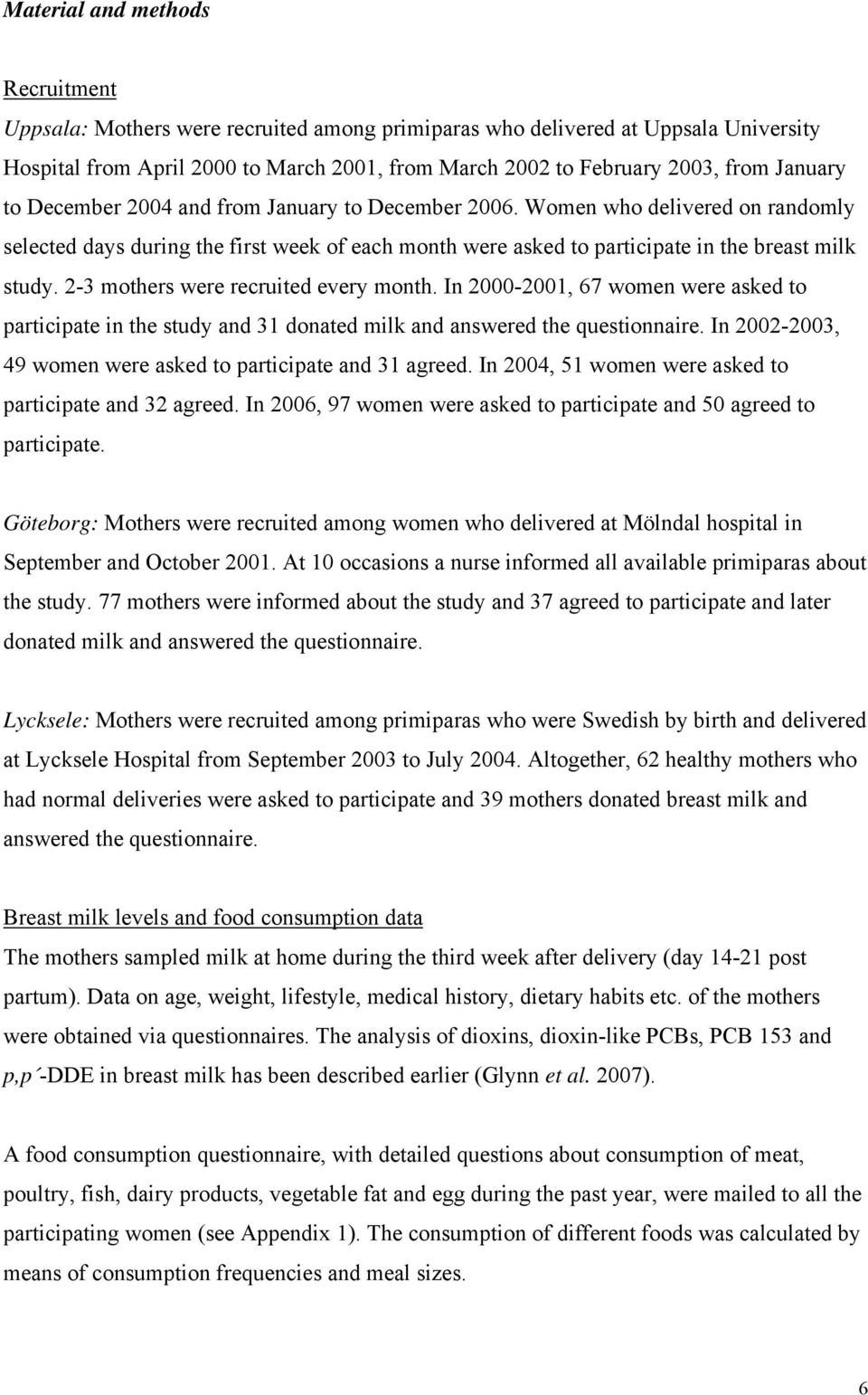 2-3 mothers were recruited every month. In 2000-2001, 67 women were asked to participate in the study and 31 donated milk and answered the questionnaire.