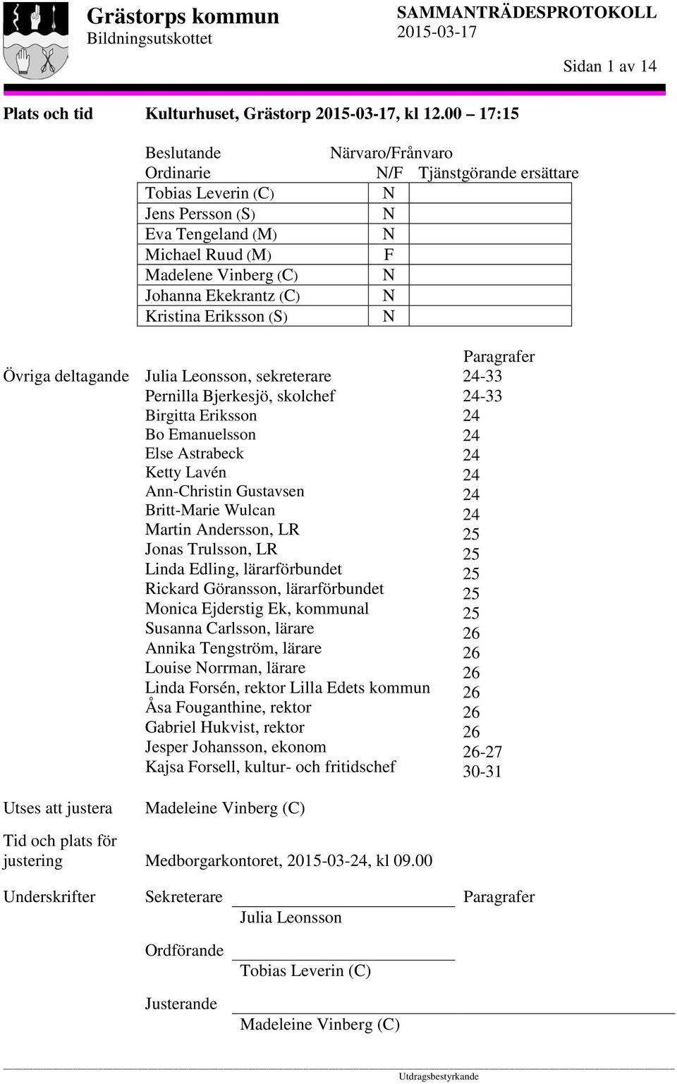 Tjänstgörande ersättare N N N F N N N Övriga deltagande Julia Leonsson, sekreterare Pernilla Bjerkesjö, skolchef Birgitta Eriksson Bo Emanuelsson Else Astrabeck Ketty Lavén Ann-Christin Gustavsen