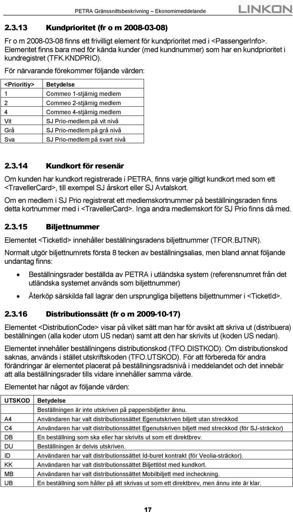 För närvarande förekommer följande värden: <Prioritiy> Betydelse 1 Commeo 1-stjärnig medlem 2 Commeo 2-stjärnig medlem 4 Commeo 4-stjärnig medlem Vit Grå Sva SJ Prio-medlem på vit nivå SJ Prio-medlem