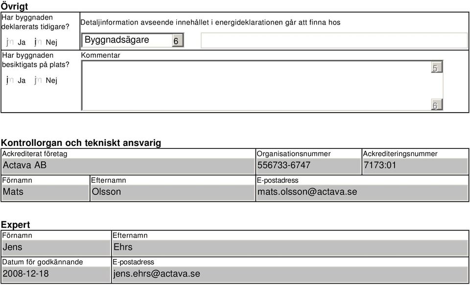 och tekniskt ansvarig Ackrediterat företag Actava AB Förnamn Mats Efternamn Olsson Organisationsnummer 55733-747