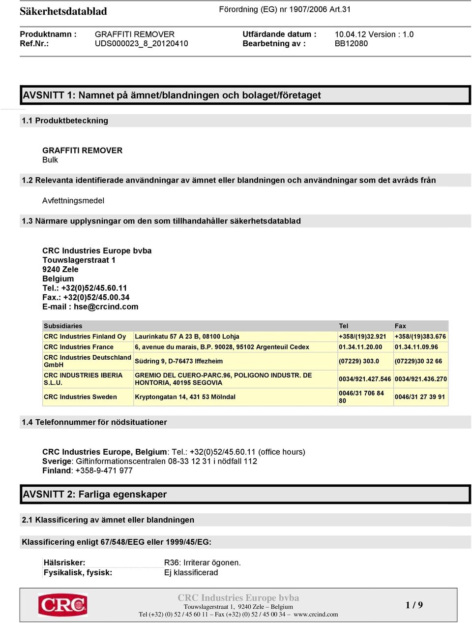 3 Närmare upplysningar om den som tillhandahåller säkerhetsdatablad Touwslagerstraat 1 9240 Zele Belgium Tel.: +32(0)52/45.60.11 Fax.: +32(0)52/45.00.34 E-mail : hse@crcind.