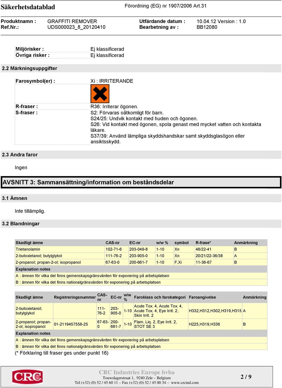 S37/39: Använd lämpliga skyddshandskar samt skyddsglasögon eller ansiktsskydd. 2.3 Andra faror Ingen AVSNITT 3: