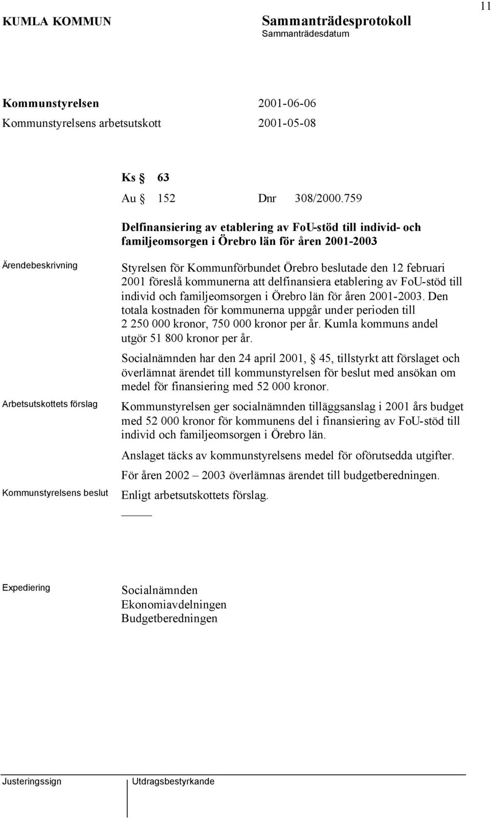 2001 föreslå kommunerna att delfinansiera etablering av FoU-stöd till individ och familjeomsorgen i Örebro län för åren 2001-2003.