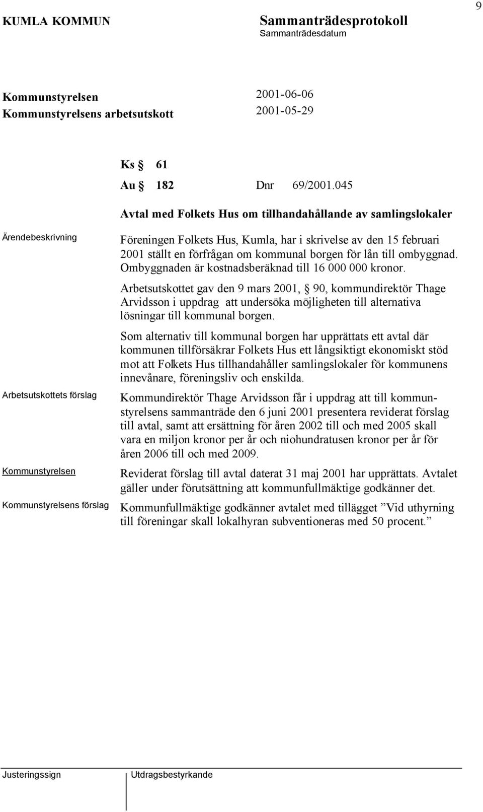 om kommunal borgen för lån till ombyggnad. Ombyggnaden är kostnadsberäknad till 16 000 000 kronor.