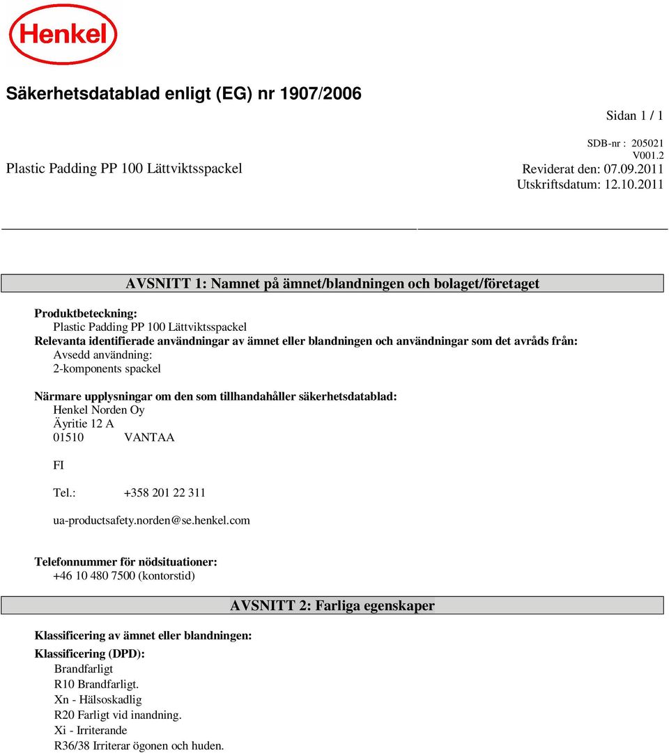 2011 AVSNITT 1: Namnet på ämnet/blandningen och bolaget/företaget Produktbeteckning: Plastic Padding PP 100 Lättviktsspackel Relevanta identifierade användningar av ämnet eller blandningen och