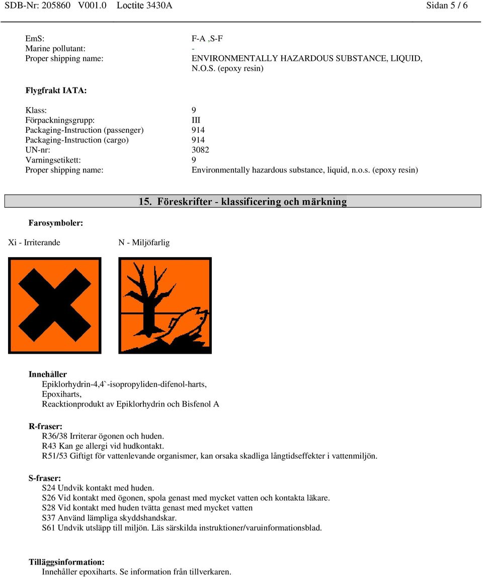 Föreskrifter - klassificering och märkning Xi - Irriterande N - Miljöfarlig Innehåller Epiklorhydrin-4,4`-isopropyliden-difenol-harts, Epoxiharts, Reacktionprodukt av Epiklorhydrin och Bisfenol A