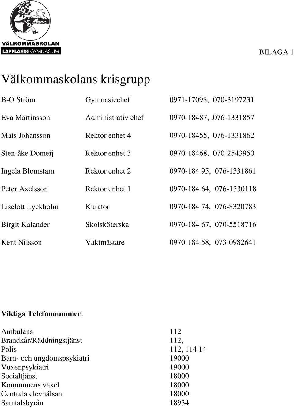 Axelsson Rektor enhet 1 0970-184 64, 076-1330118 Liselott Lyckholm Kurator 0970-184 74, 076-8320783 Birgit Kalander Skolsköterska 0970-184 67, 070-5518716 Kent Nilsson Vaktmästare