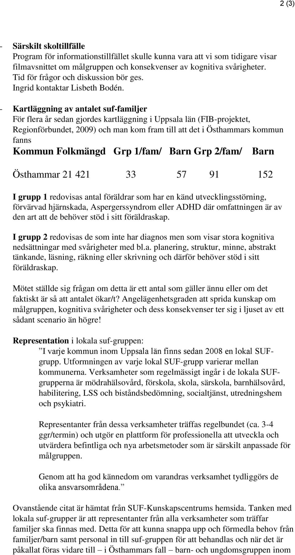 - Kartläggning av antalet suf-familjer För flera år sedan gjordes kartläggning i Uppsala län (FIB-projektet, Regionförbundet, 2009) och man kom fram till att det i Östhammars kommun fanns Kommun