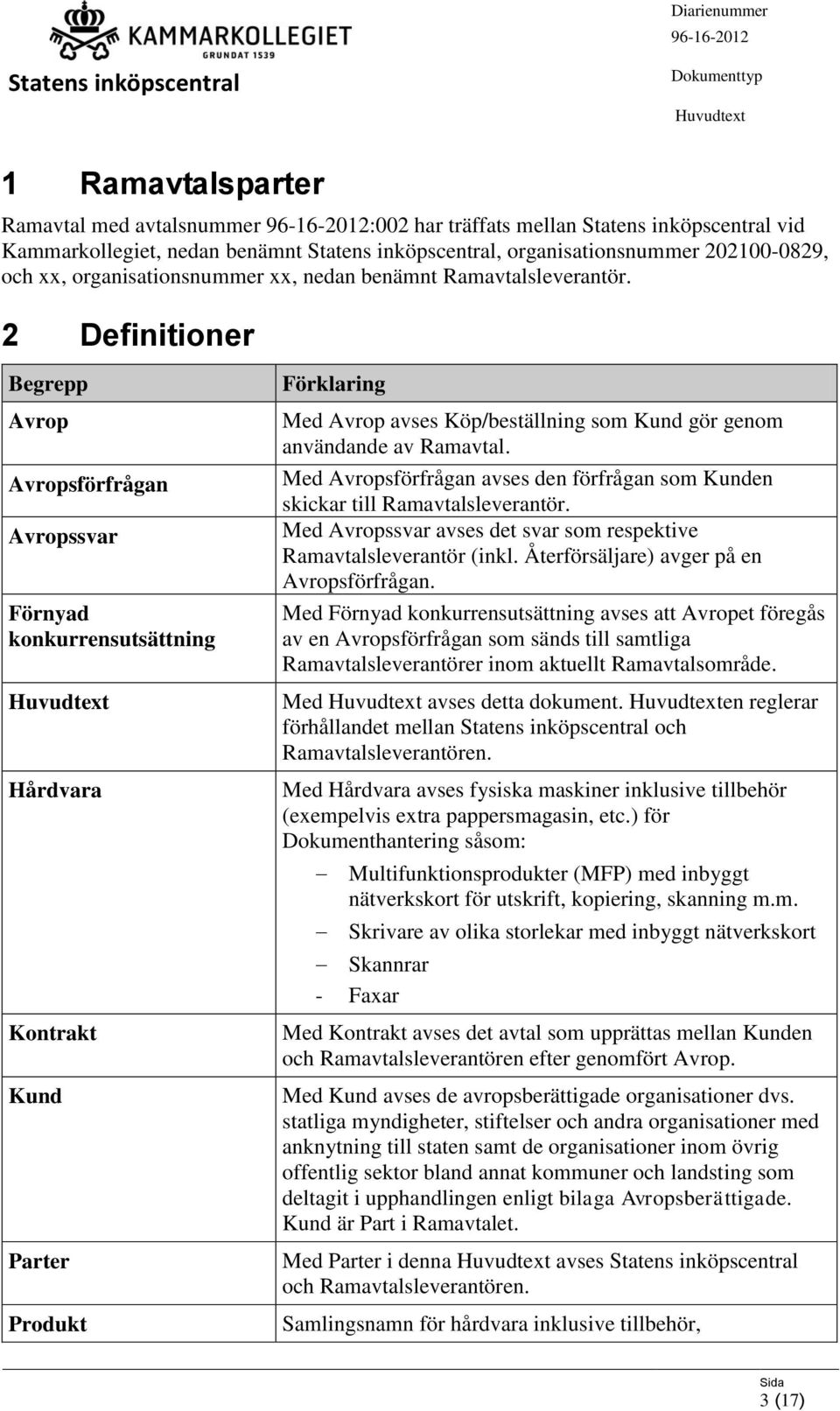 2 Definitioner Begrepp Avrop Avropsförfrågan Avropssvar Förnyad konkurrensutsättning Hårdvara Kontrakt Kund Parter Produkt Förklaring Med Avrop avses Köp/beställning som Kund gör genom användande av