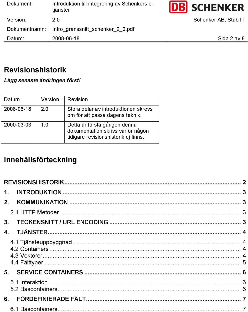 0 Detta är första gången denna dokumentation skrivs varför någon tidigare revisionshistorik ej finns. Innehållsförteckning REVISIONSHISTORIK... 2 1. INTRODUKTION... 3 2.