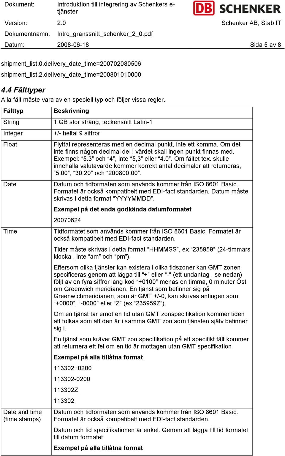 Fälttyp String Integer Float Date Beskrivning 1 GB stor sträng, teckensnitt Latin-1 +/- heltal 9 siffror Flyttal representeras med en decimal punkt, inte ett komma.