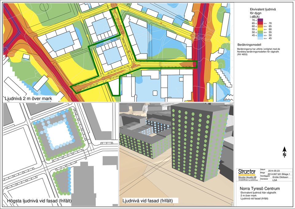 beräkningsmodellen för vägtrafik (NV 4653) Ljudnivå 2 m över mark Elevation in m 2014-05-23 2014-067 b01 Bilaga 1 Emilie Olofsson LGÅ Högsta