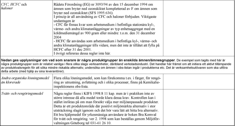 Viktigaste undantagen är - CFC får finnas kvar som arbetsmedium i befintliga stationära kyl-, värme- och andra klimatanläggningar av typ enhetsaggregat med en köldmediemängd av 900 gram eller mindre:
