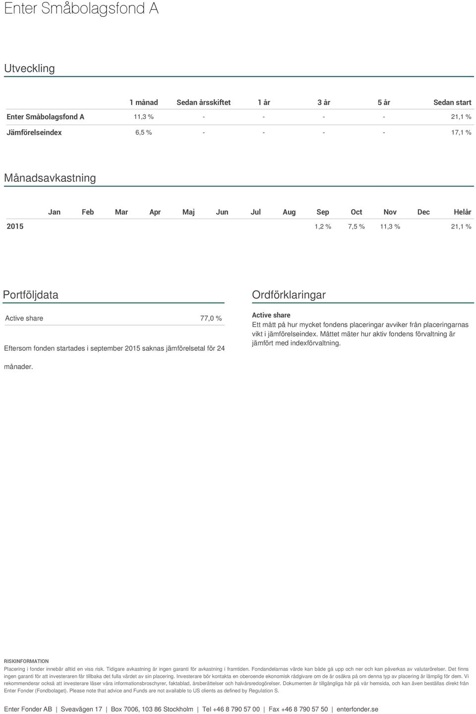 Ett mått på hur mycket fondens placeringar avviker från placeringarnas vikt i jämförelseindex. Måttet mäter hur aktiv fondens förvaltning är jämfört med indexförvaltning. månader.