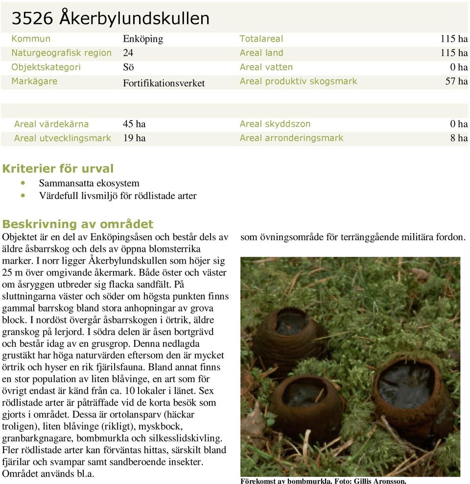 av området Objektet är en del av Enköpingsåsen och består dels av äldre åsbarrskog och dels av öppna blomsterrika marker. I norr ligger Åkerbylundskullen som höjer sig 25 m över omgivande åkermark.