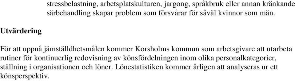 Utvärdering För att uppnå jämställdhetsmålen kommer Korsholms kommun som arbetsgivare att utarbeta rutiner för